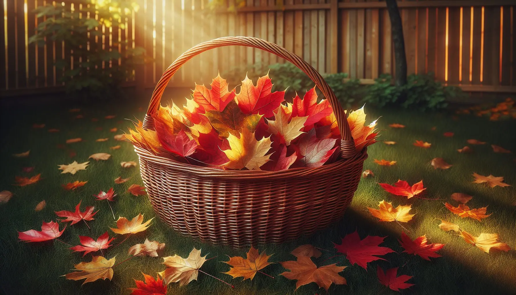 Create an image of a wicker basket filled with colorful fall leaves on a grassy background.