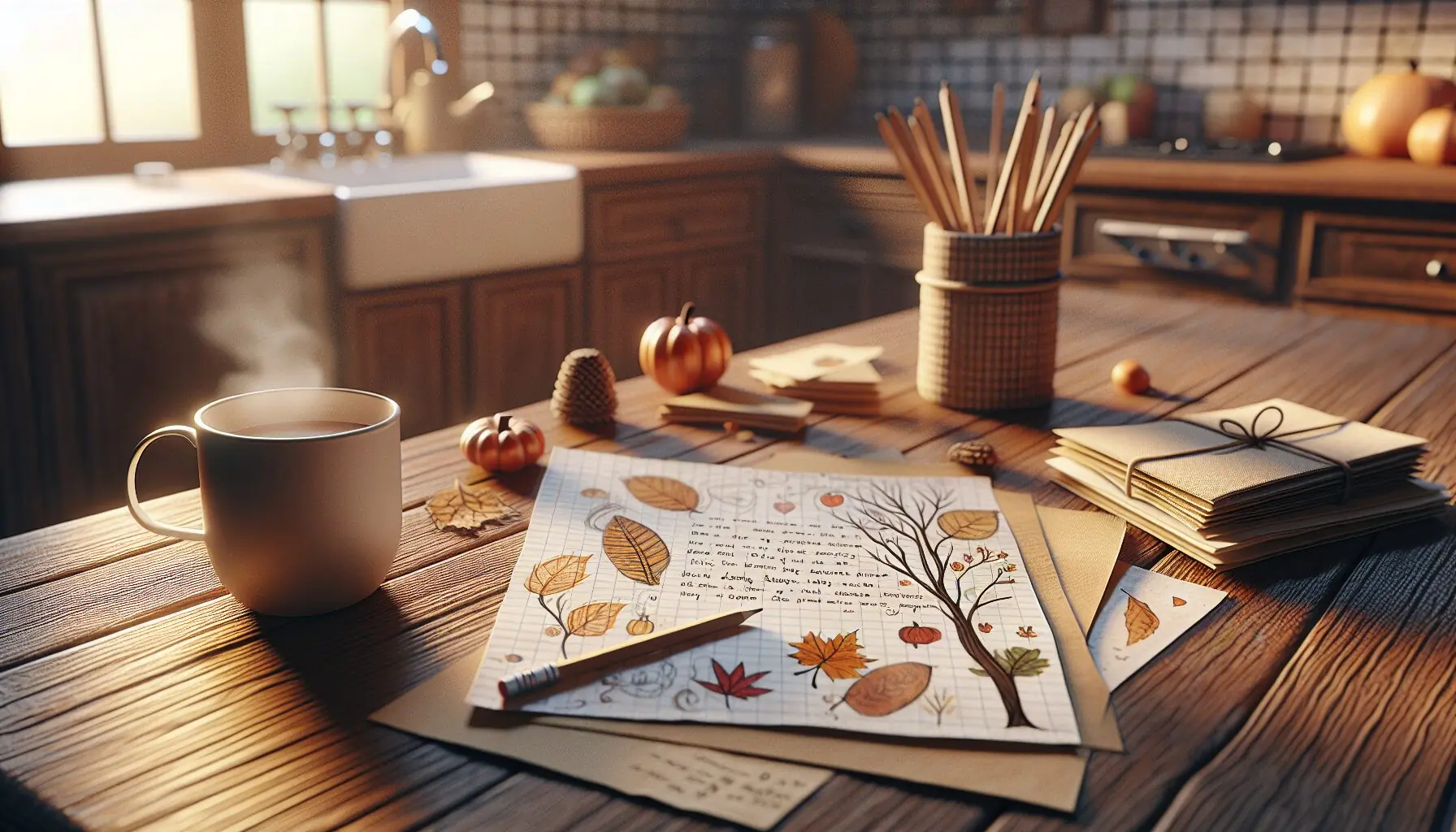 Generate an image of a child’s hand writing new lyrics on paper with autumn-themed doodles.