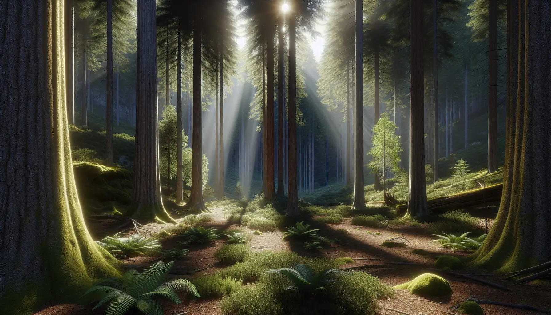 Generate an image of a serene forest with gentle sunlight filtering through the trees, symbolizing mindfulness and tranquility.