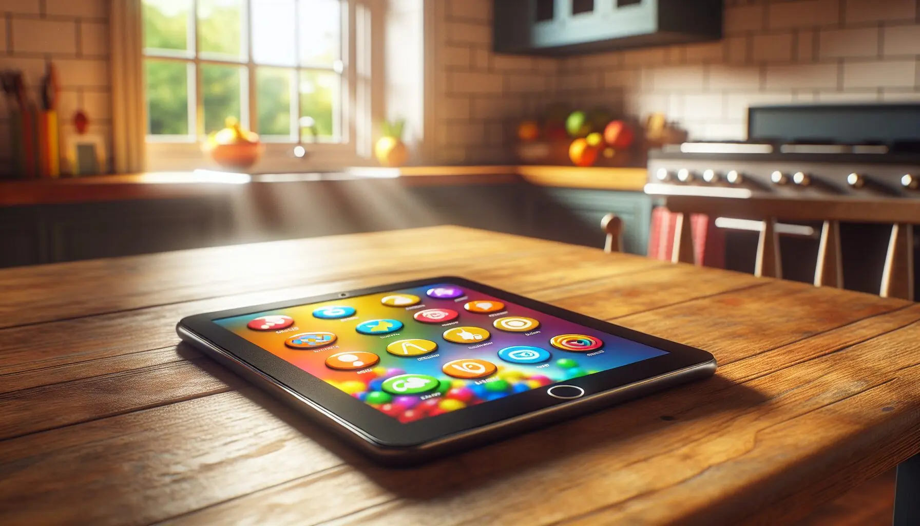 Generate an image of a bright, modern tablet displaying an interactive children's music app interface with colorful icons.