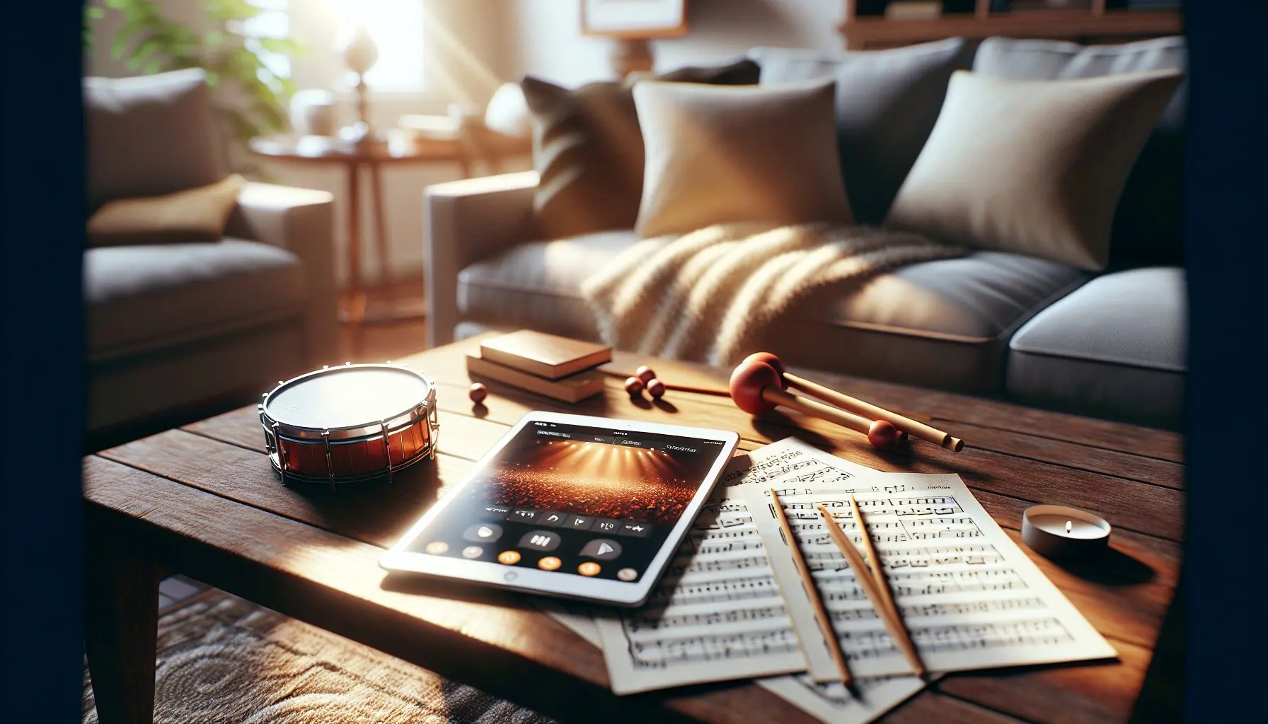 Generate an image of a cozy family room with a tablet on a coffee table, surrounded by scattered music sheets and a small toy drum.