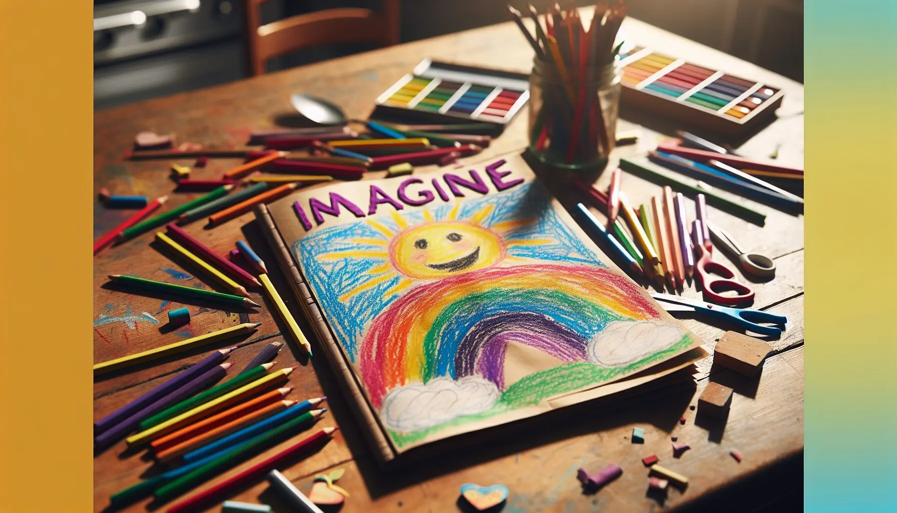 Generate an image of a homemade booklet with a smiling sun and rainbow drawn on the cover.