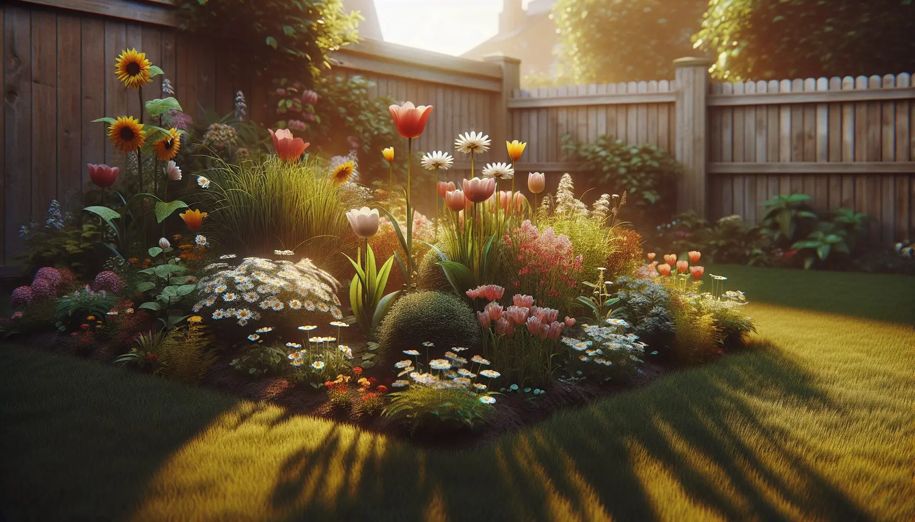 Generate an image of a small garden with blooming flowers, representing growth and development through quiet moments.