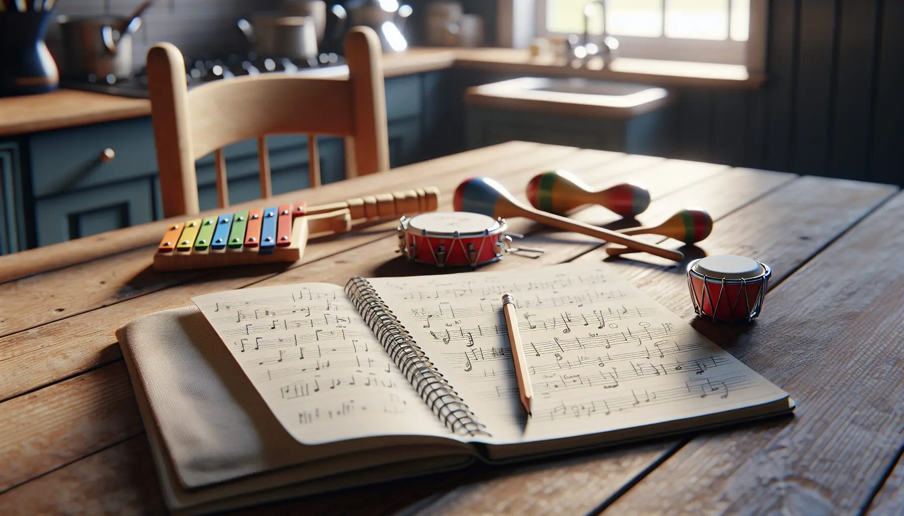 Generate an image of a notebook page filled with simple music notes and doodles of musical instruments like drums and guitars.