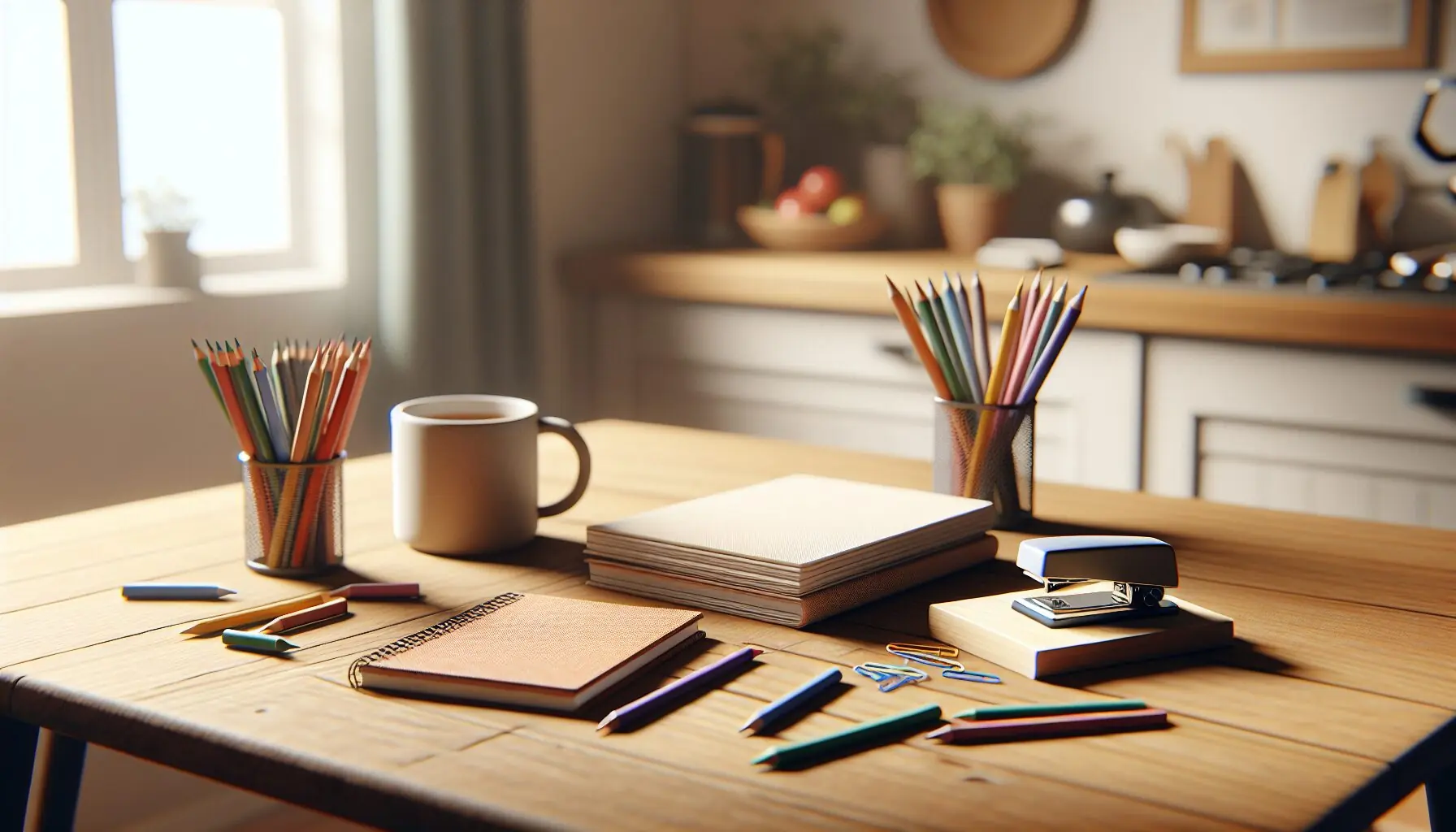 Generate an image of colored paper, crayons, and a stapler laid out neatly next to a small notebook.