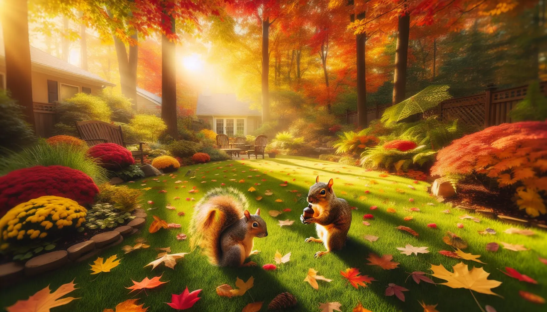 Generate an image of an autumn landscape with falling leaves and a squirrel holding an acorn.