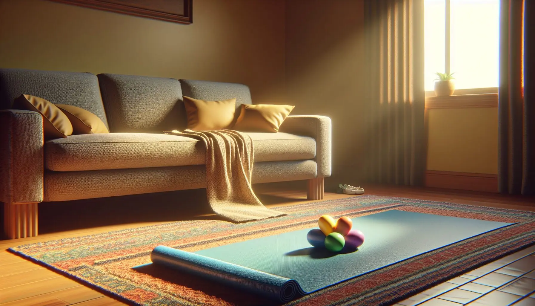 Generate an image of a yoga mat with a colorful gratitude object like a leaf or small toy beside it.