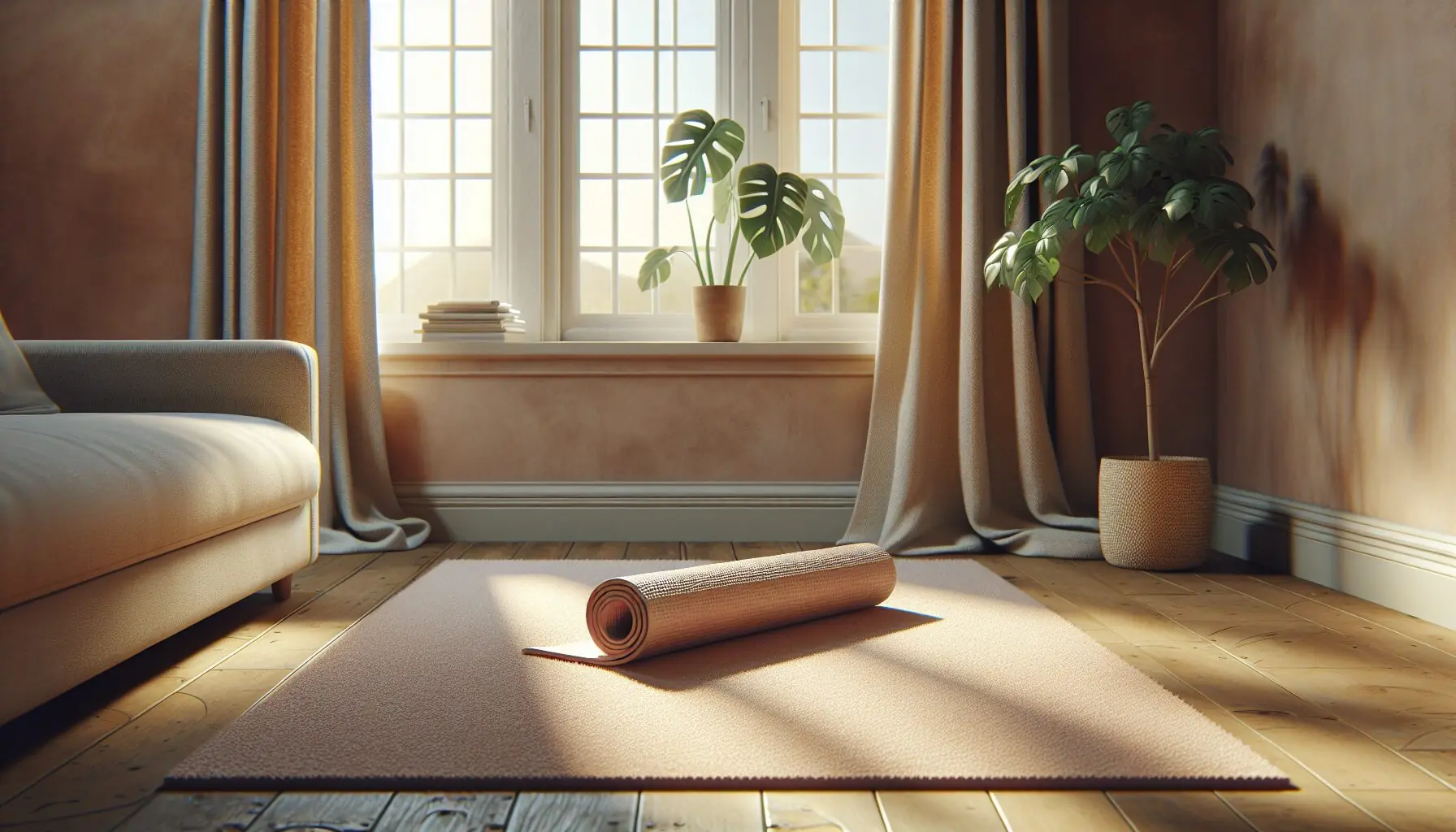 Generate an image of a serene, nature-inspired space with a yoga mat and a small plant.