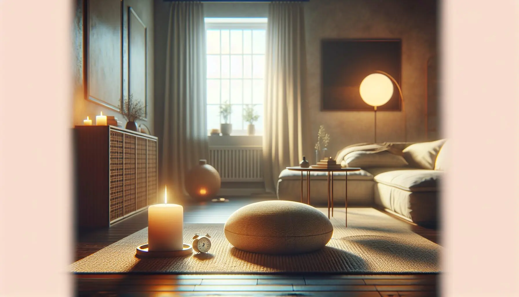 Generate an image of a cozy room setup with cushions and a lit candle, ready for a quiet activity, emphasizing silence.