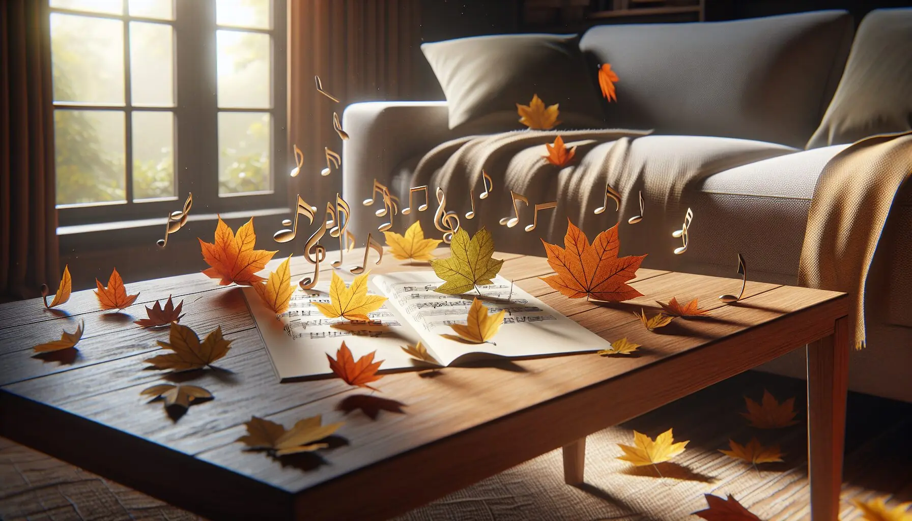 Generate an image of musical notes floating among colorful autumn leaves.