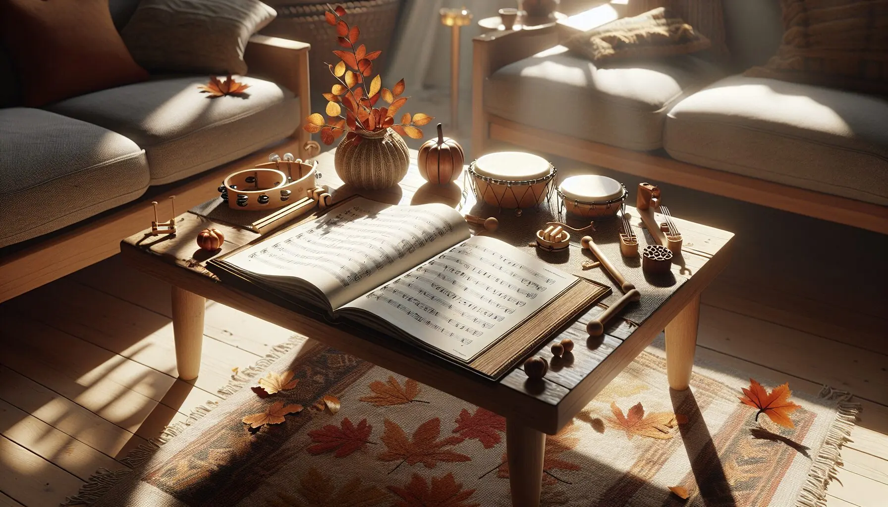 Generate an image of a cozy room with a songbook and small, toy instruments near a fireplace.