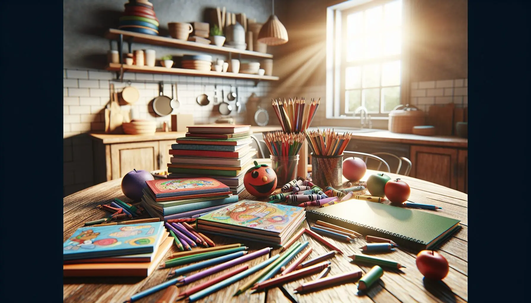 Generate an image of colorful children's books and drawing materials on a wooden table.