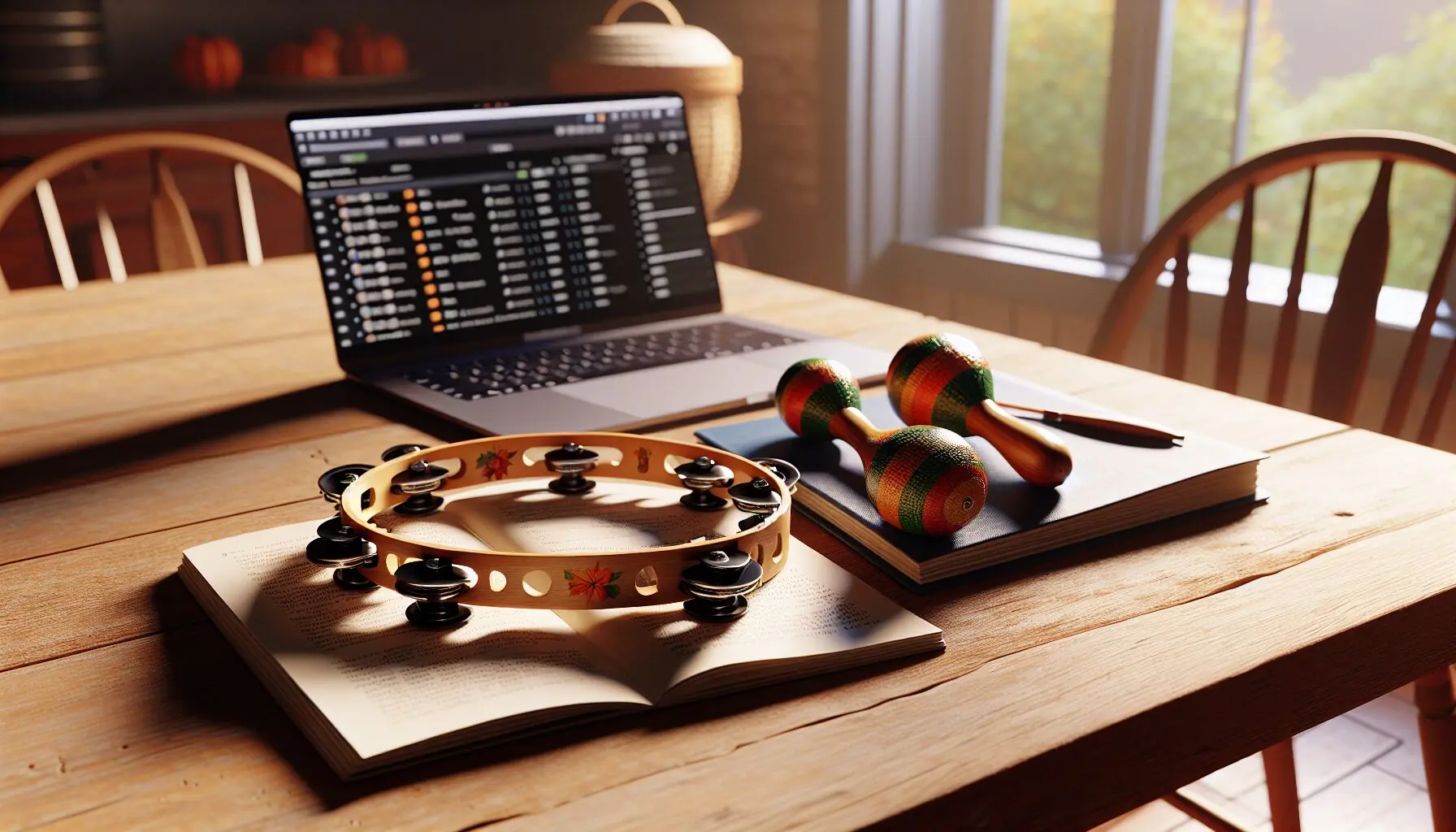 Generate an image of various homemade musical instruments like a tambourine and maracas on a table.