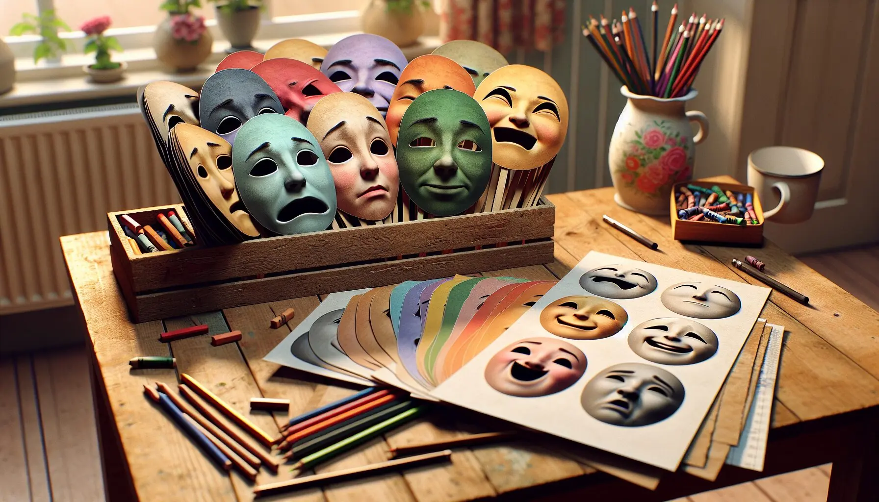 Generate an image of a child holding a 'Feeling Face' mask, with different emotion masks visible in the background on a table.