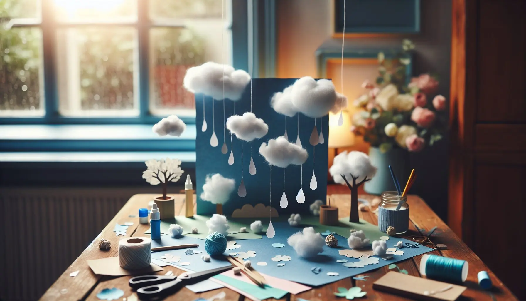 Generate an image of a child’s hands holding a crafted rain scene displaying creativity and engagement.