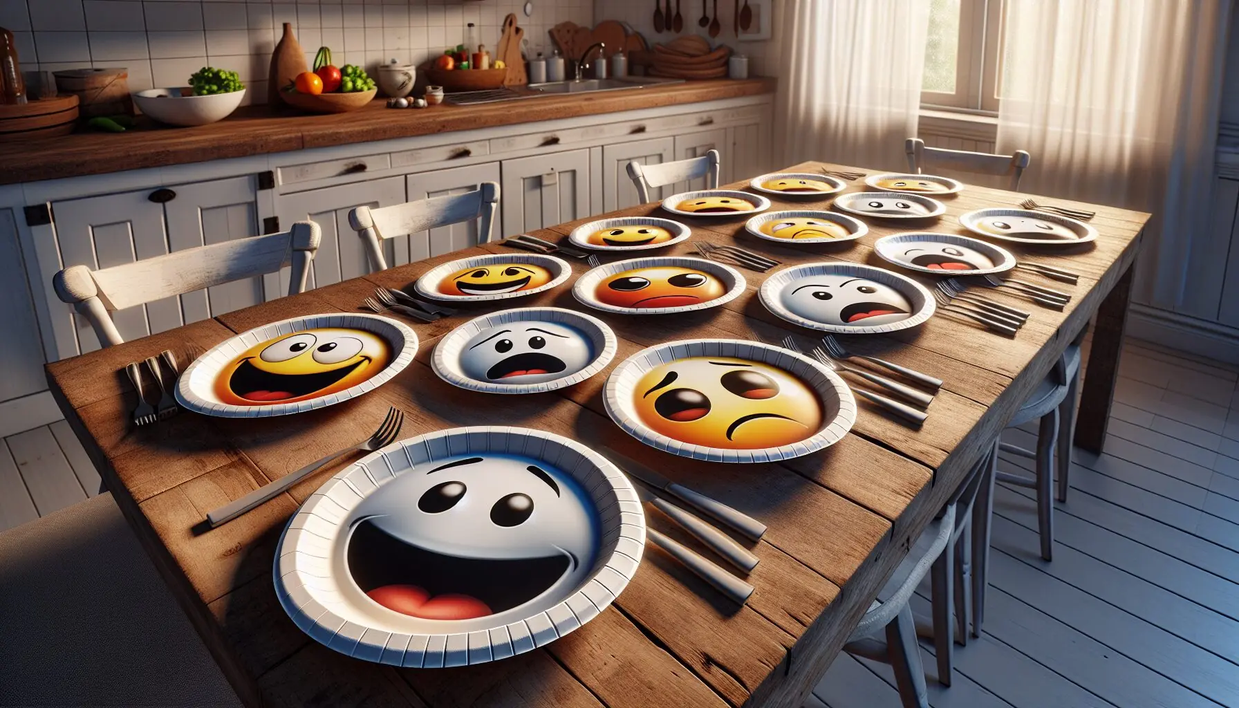 Generate an image of a colorful set of paper plates decorated with cartoonish emotional faces: happy, sad, angry, and surprised.