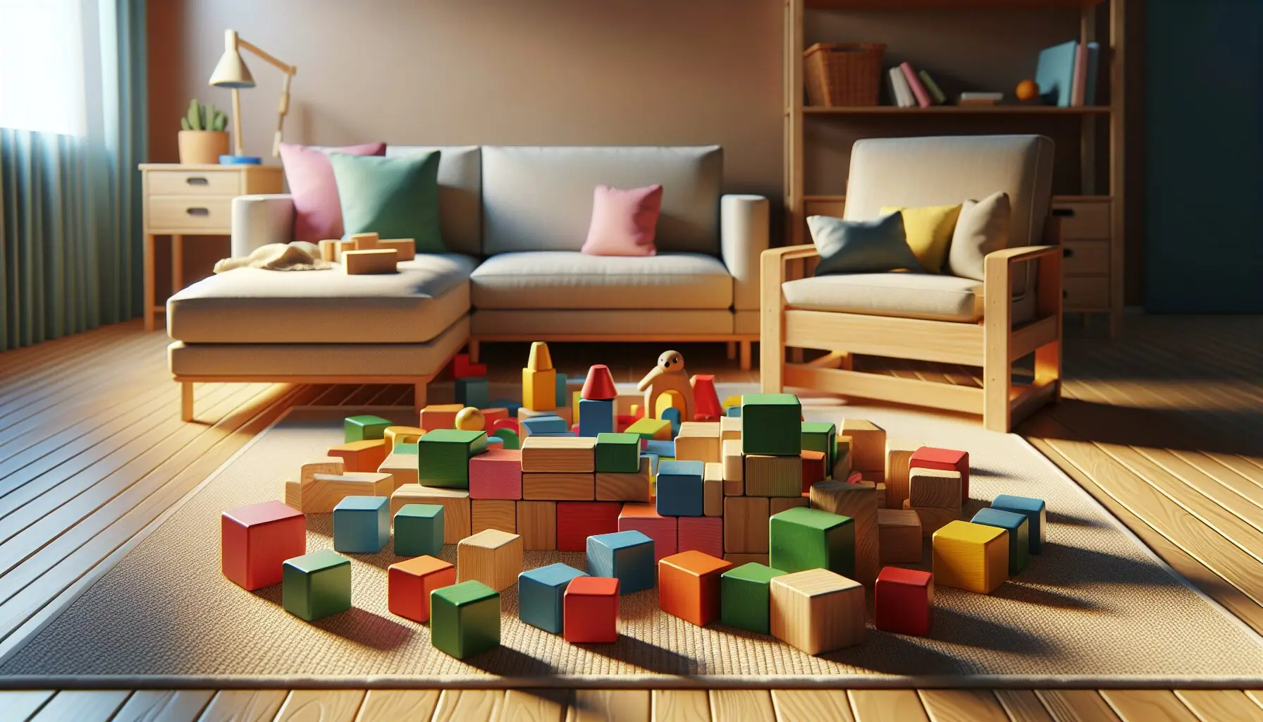 Generate an image of a colorful set of wooden building blocks arranged on a play mat, ready for building.