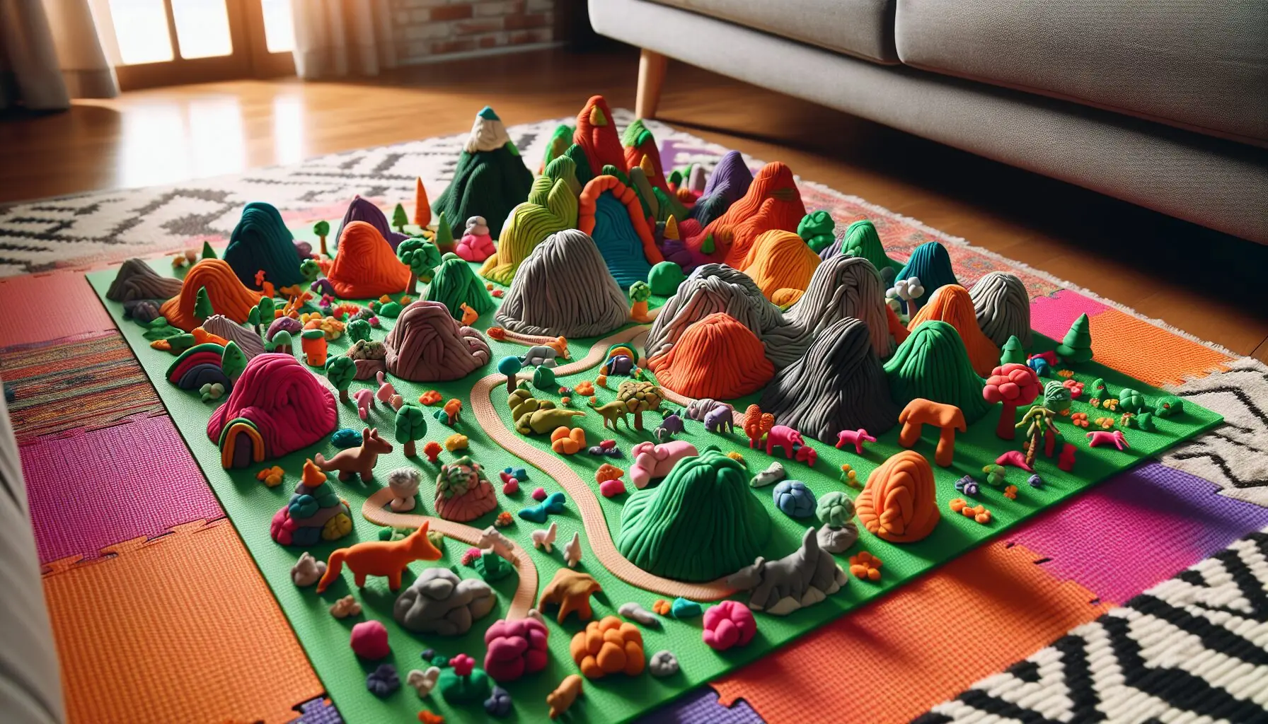 Generate an image of a colorful collection of play dough in various shapes forming an imaginary landscape on a play mat.