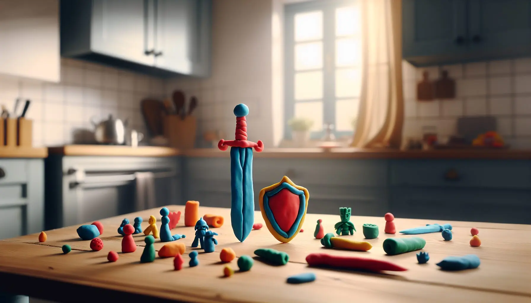 Illustrate a scene showing the play dough world with elements representing courage, like a sword and shield, made from dough.