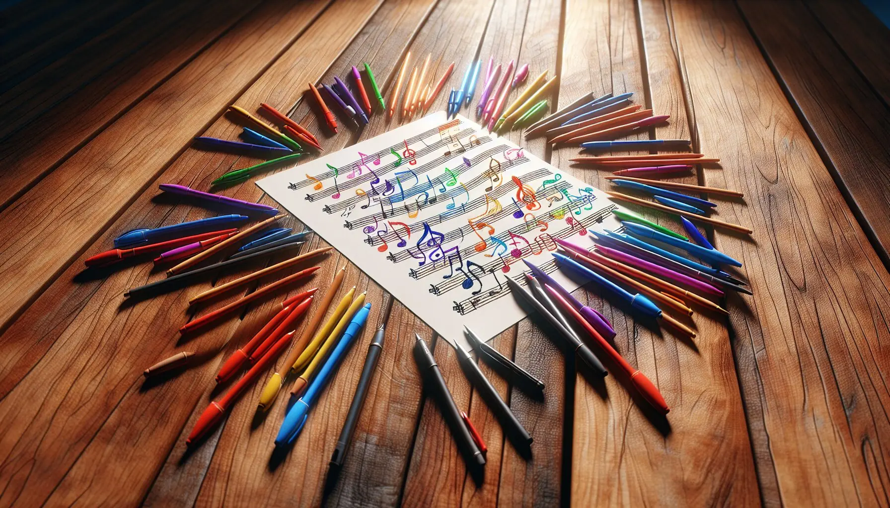 Generate an image of colorful musical notes and pens scattered on a sheet of paper.