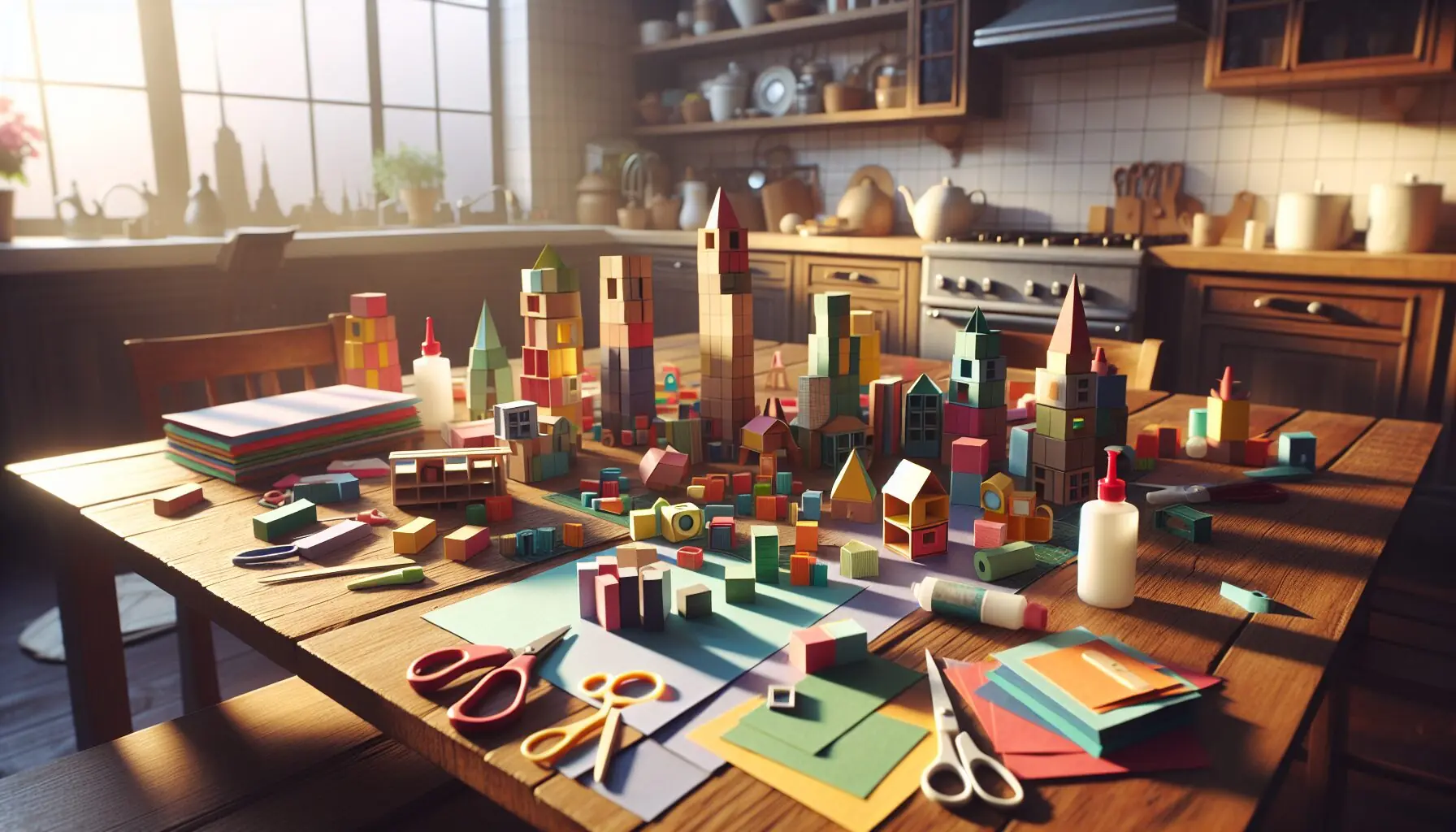 Generate an image of a colorful paper collage representing family team-building moments with cut-out tower shapes and block images.