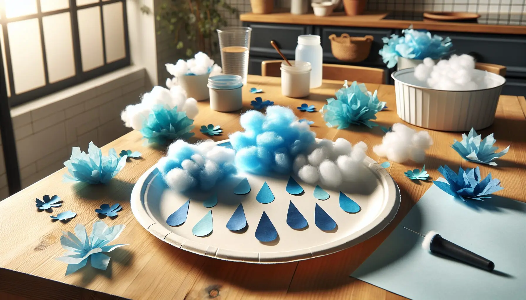 Generate an image of a completed rain craft showing a paper plate with blue shaded clouds and tissue paper raindrops.