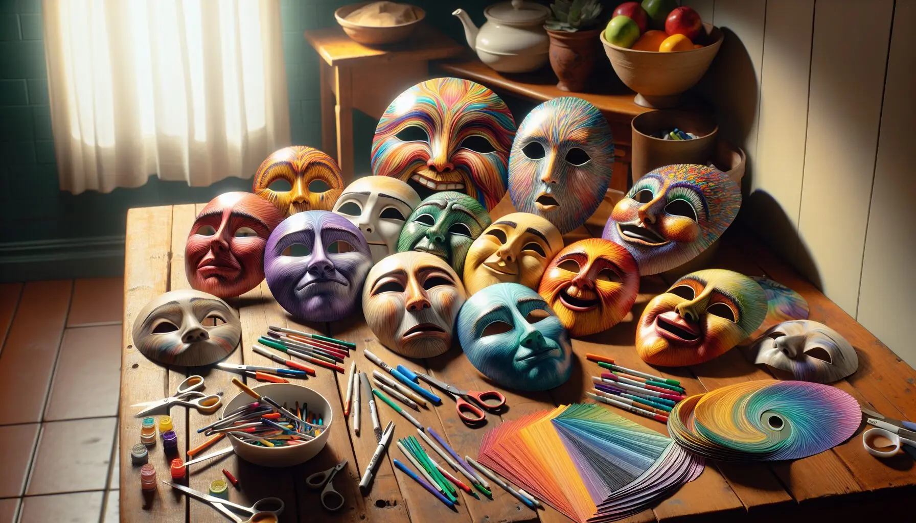 Generate an image of a family sitting together, surrounded by colorful 'Feeling Faces' masks, indicating a shared creative activity.
