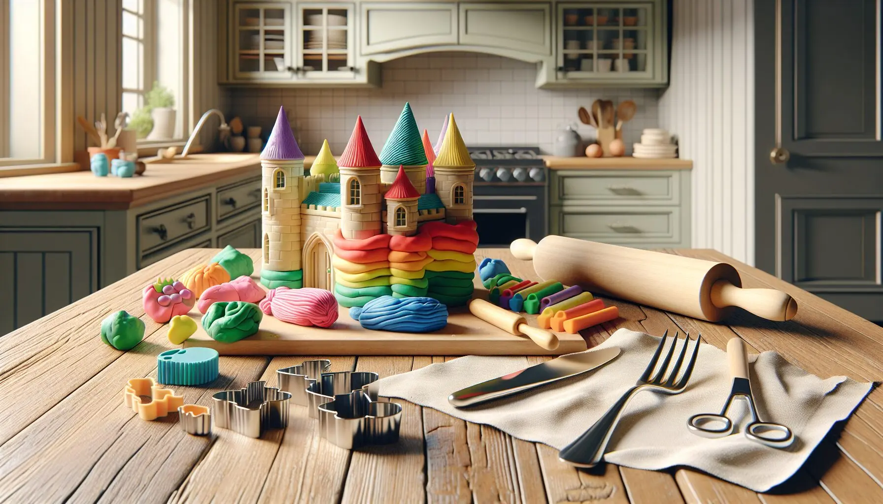 Create an image of a play dough scene featuring a castle with small household items like a rolling pin and cookie cutters nearby.