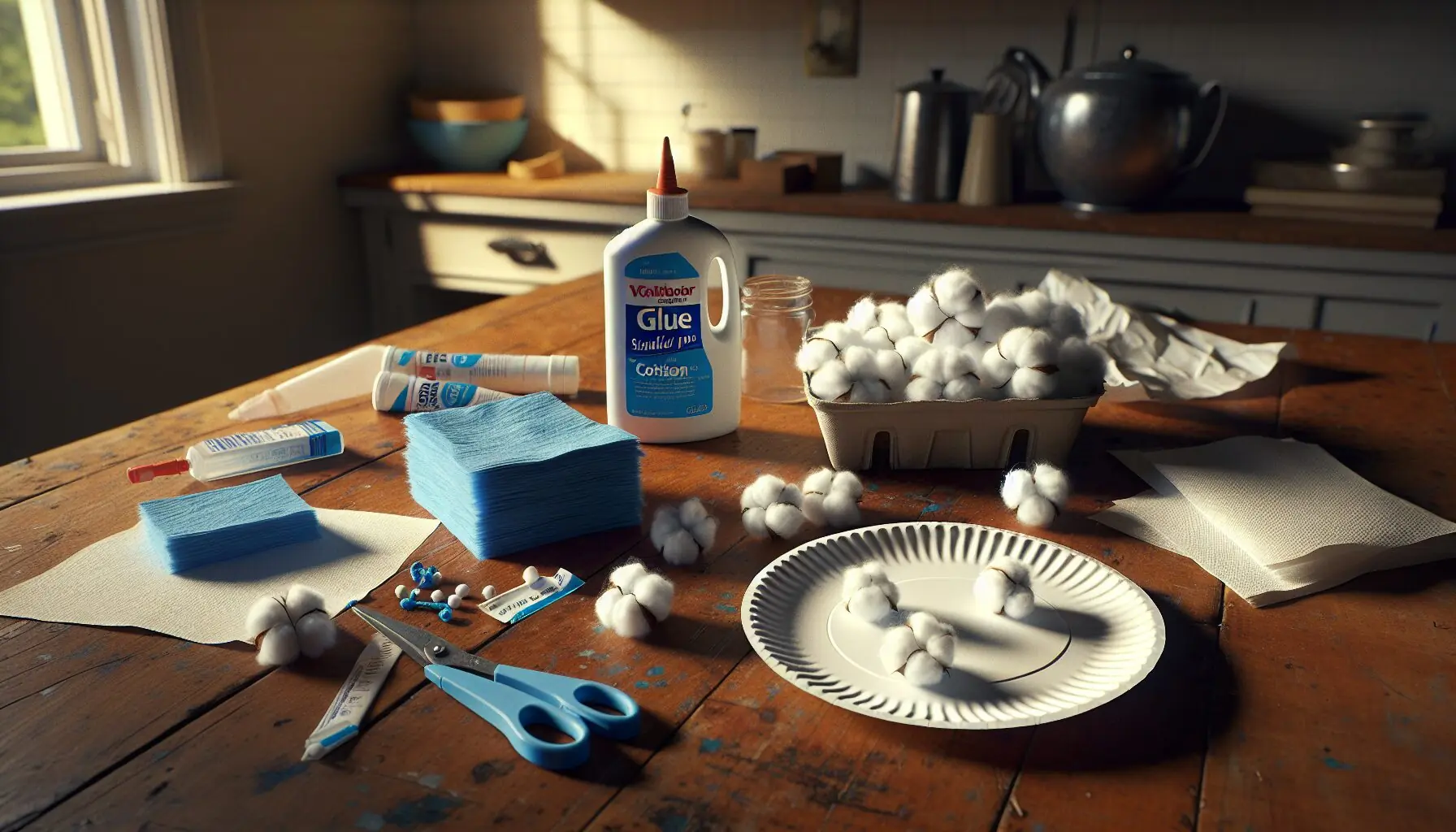 Generate an image of colorful craft materials including blue tissue paper, cotton balls, glue, and a paper plate.