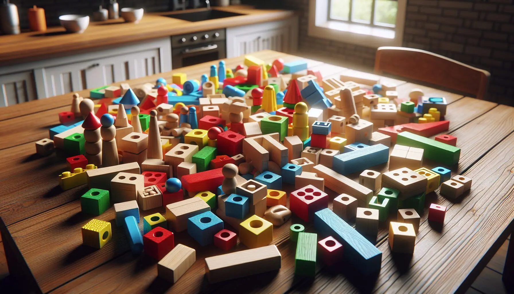 Generate an image of a family table with various bright-colored blocks scattered over a neat play area.