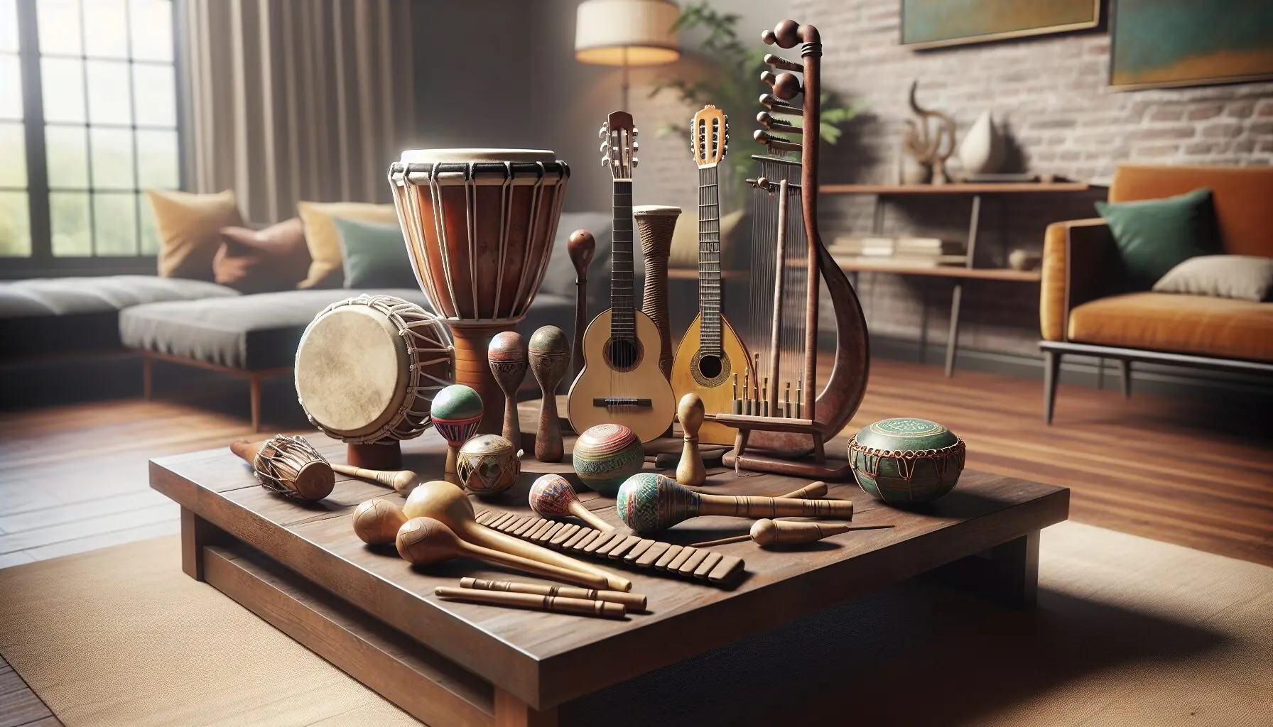 Generate an image of a diverse collection of musical instruments from around the world on a wooden table.