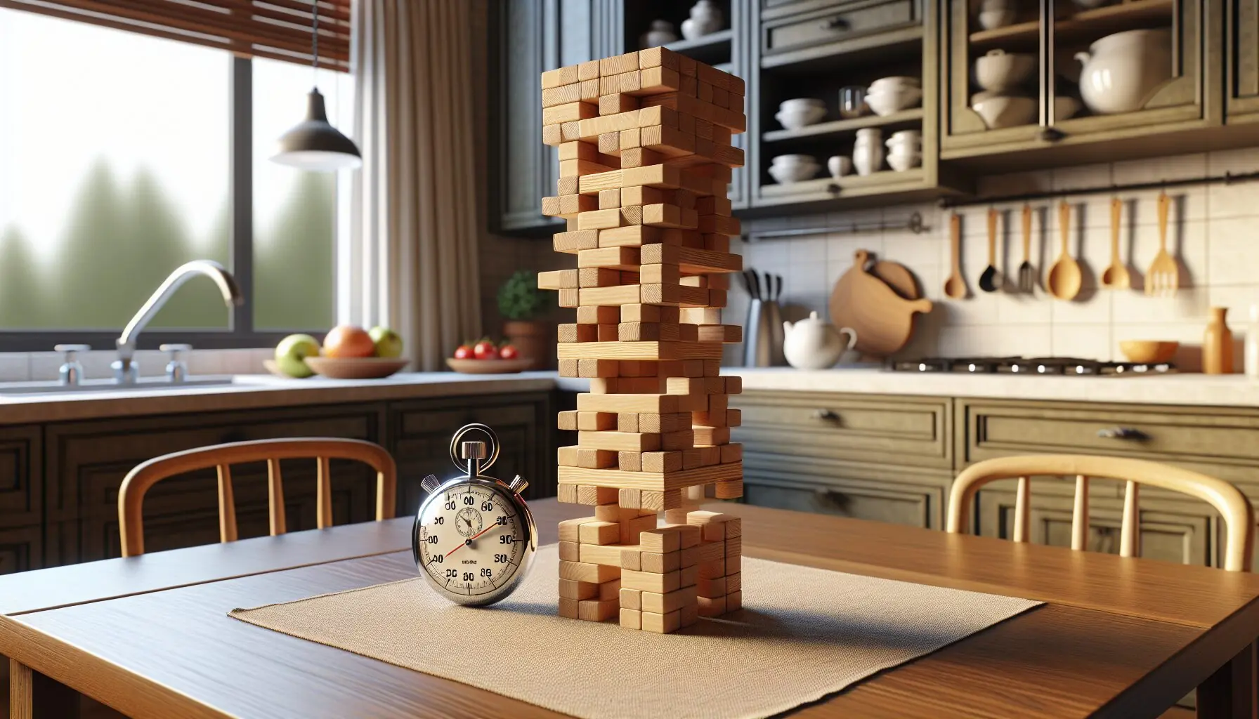 Generate an image showing a medium-height tower of blocks wobbly yet standing, accompanied by a stopwatch.