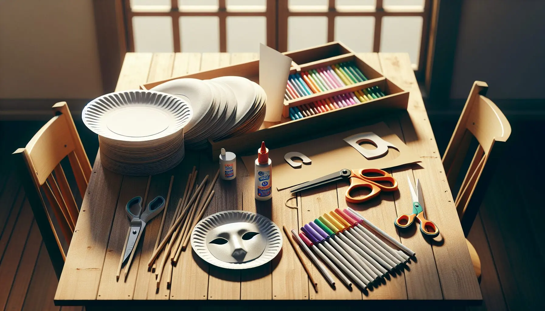 Generate an image of craft materials used in the activity: paper plates, markers, craft sticks, glue, and scissors laid out on a table.