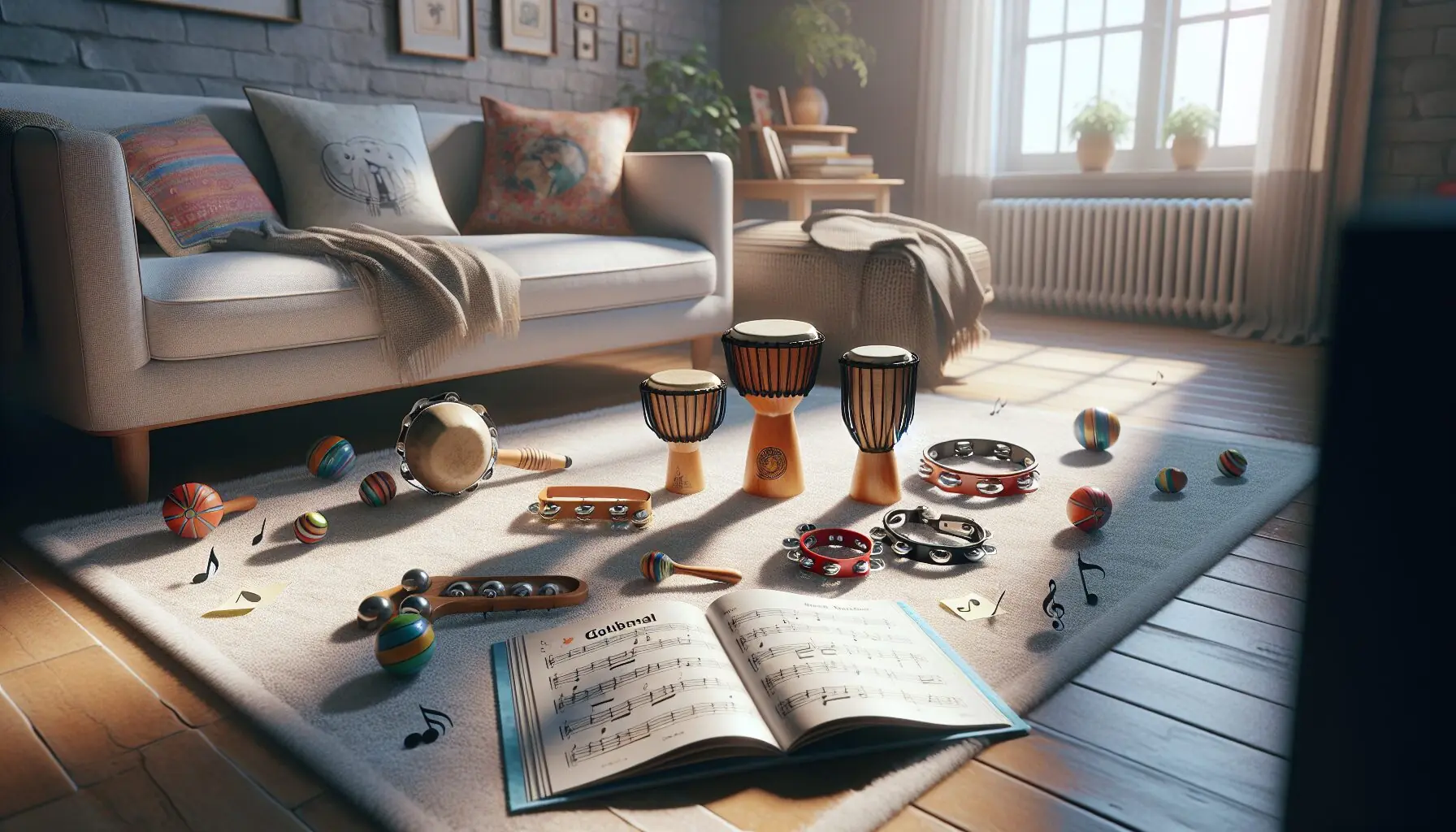 Generate an image of a child in motion with musical notes surrounding, rhythmically dancing in an open living room.