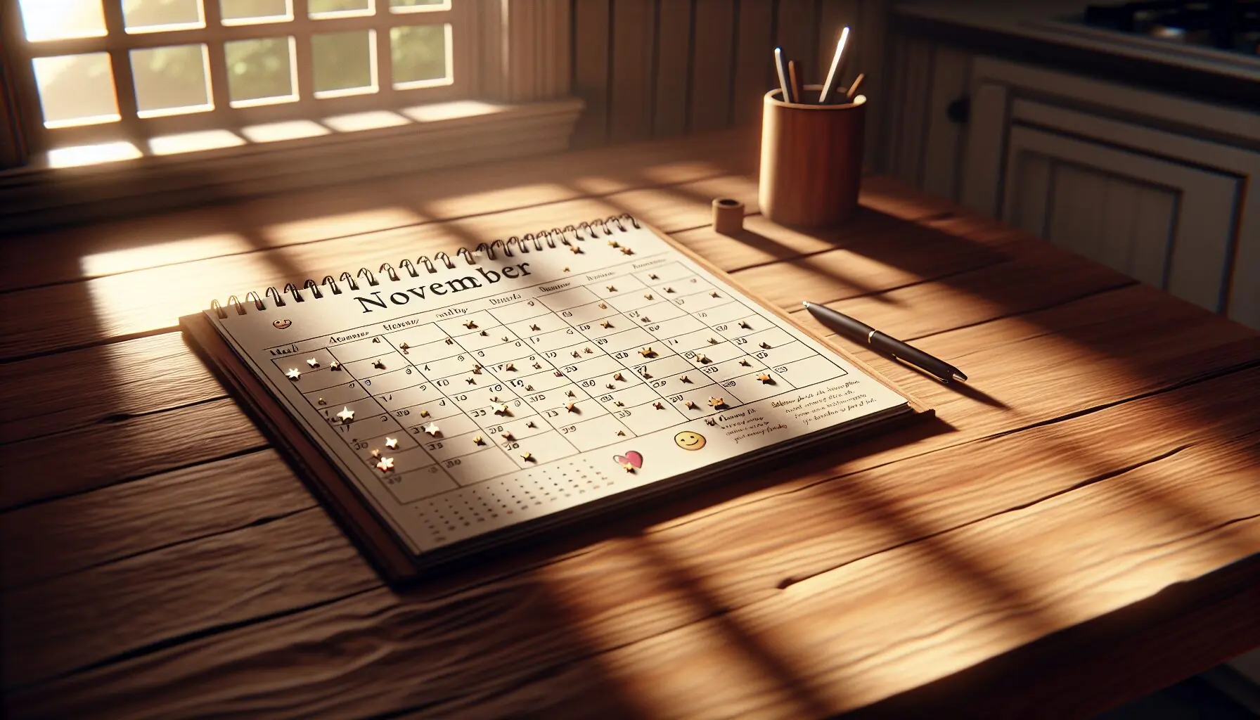 Generate an image of a calendar page showing November, marked with stars and small courage emojis.