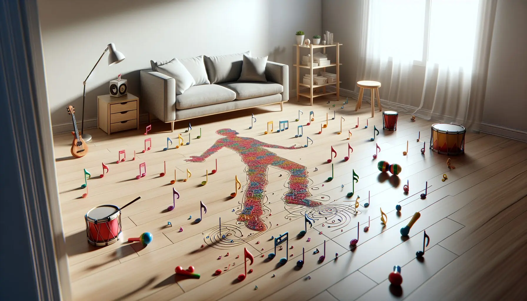 Generate an image of colorful music notes surrounding a dancing silhouette on a living room floor.
