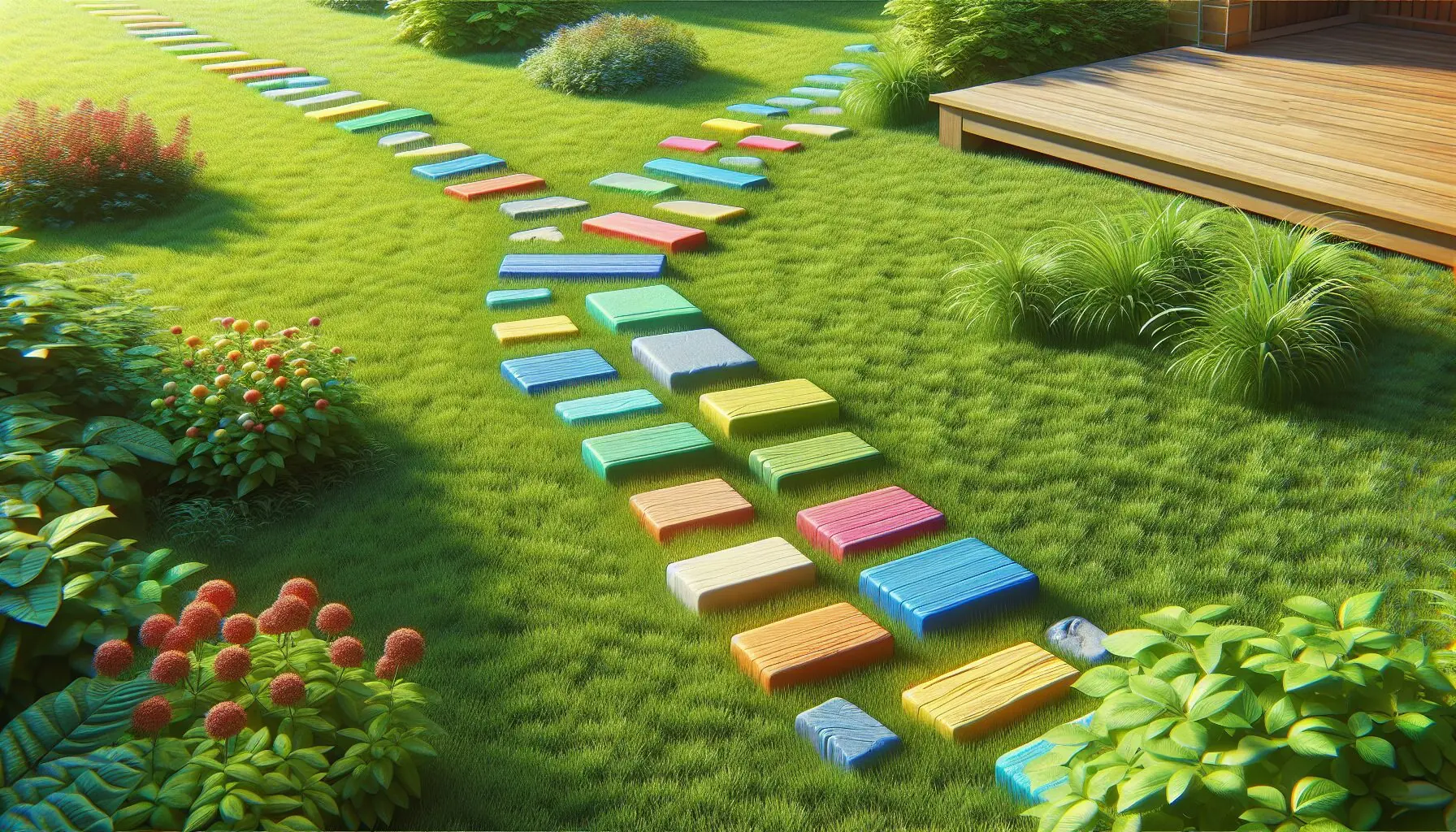 Generate an image of a child practicing balancing on colorful stepping stones in a garden setting.