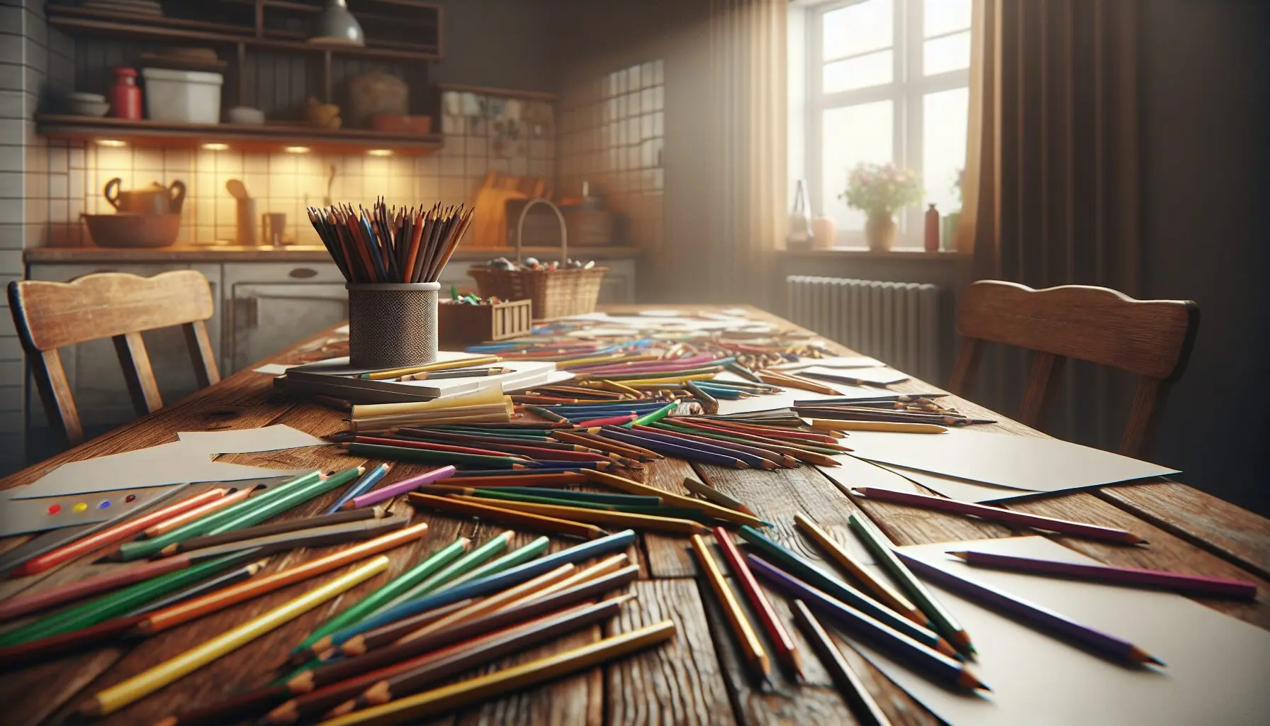 Generate an image of a table filled with colored pencils, markers, and blank sheets of paper ready for creative drawing.