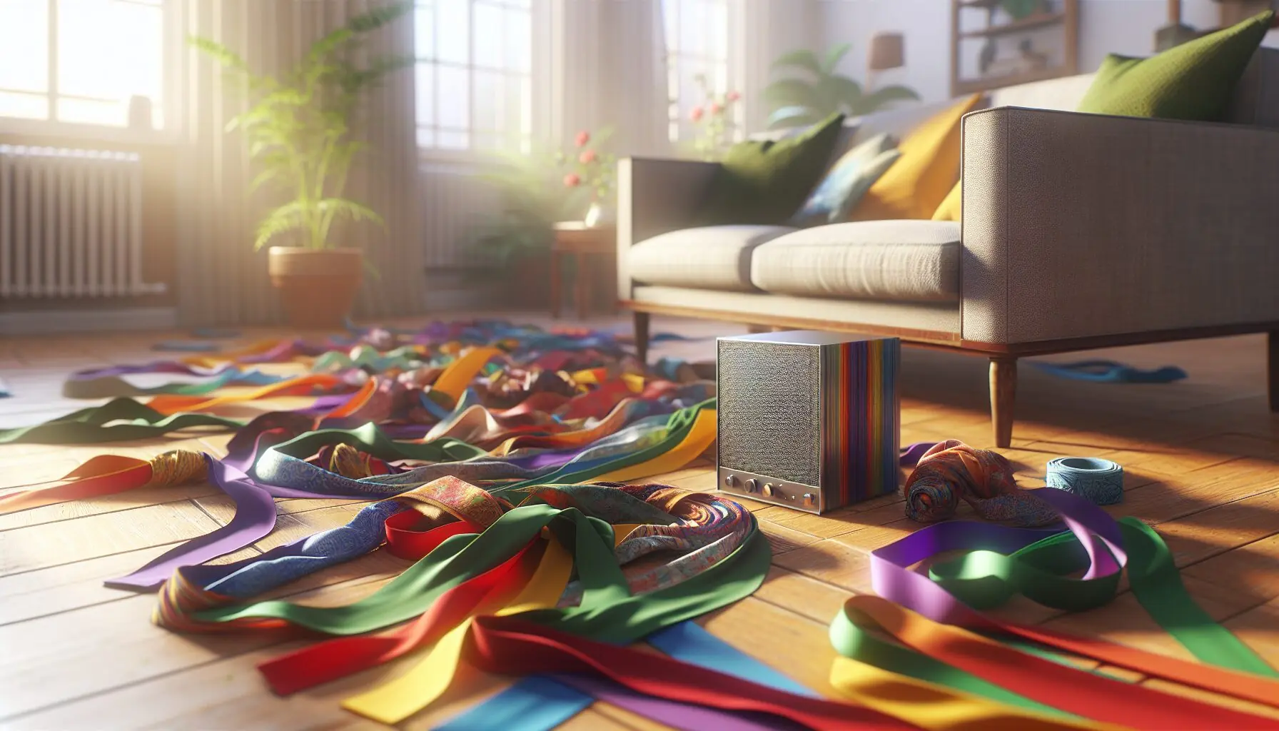 Generate an image of colorful ribbons or scarves laid out on a wooden floor next to a small speaker.