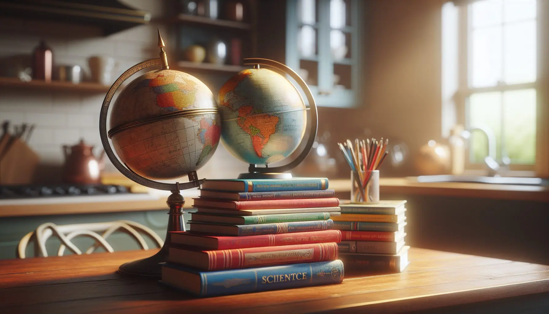 Generate an image of a stack of colorful science books and a globe to symbolize a world of explorations.