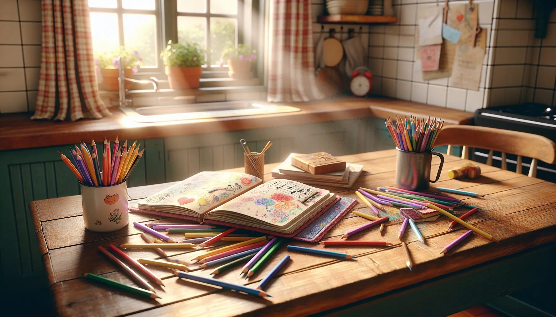 Generate an image of a child and guardian sitting at a table, smiling and pointing at a colorful journal, with a sunny window in the background.