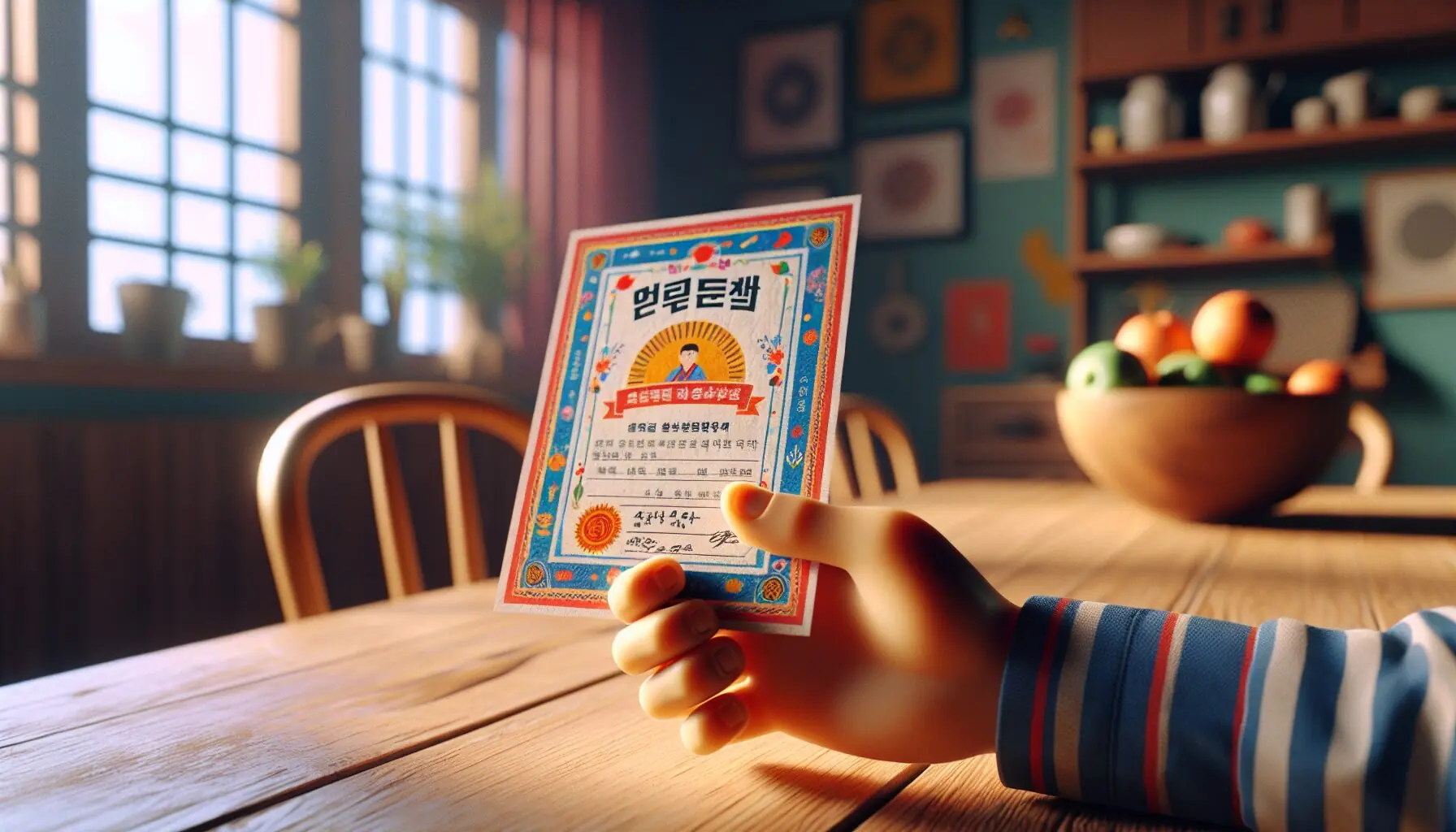 Generate an image of a child's hand holding a 'Bravery Certificate' with bright and playful illustrations.