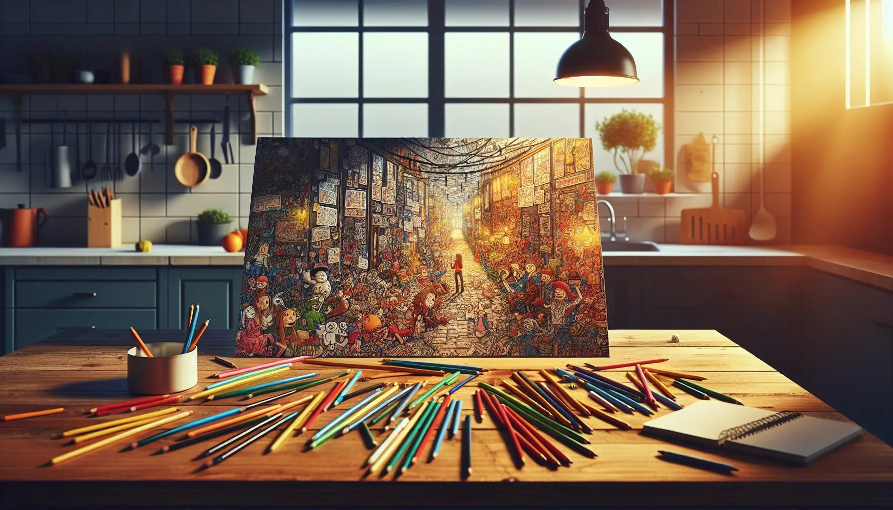 Generate an image of vibrant completed storyboard with colorful sketches and characters illustrating the story.