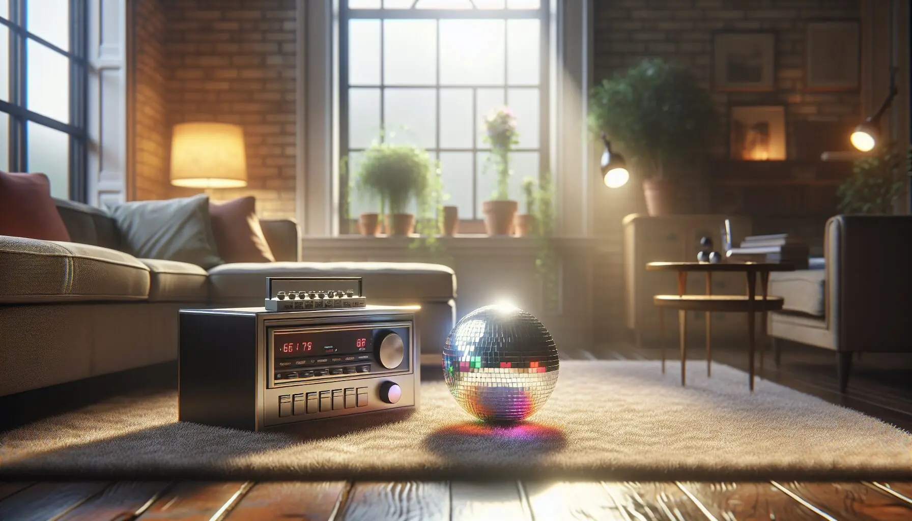 Generate an image of a lively living room setup with a music player and disco ball.