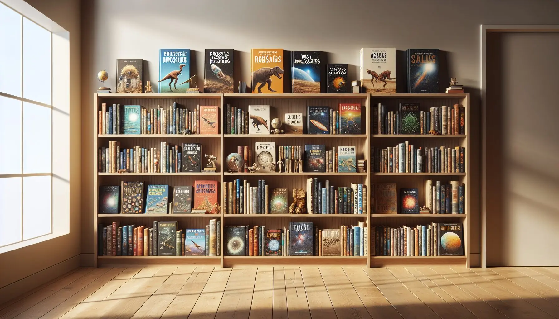 Generate an image of a cozy library corner with bookshelves filled with colorful science-themed books.