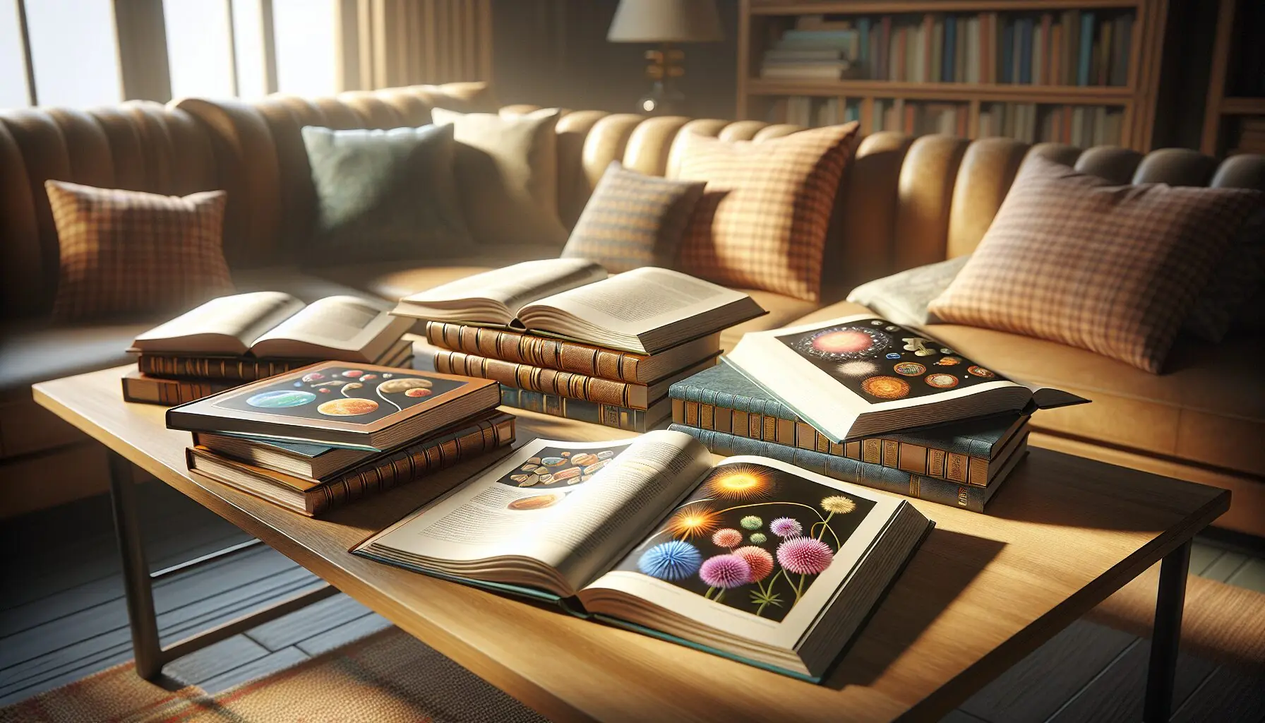 Generate an image of a child's wide-eyed expression while looking at open books with scientific illustrations.