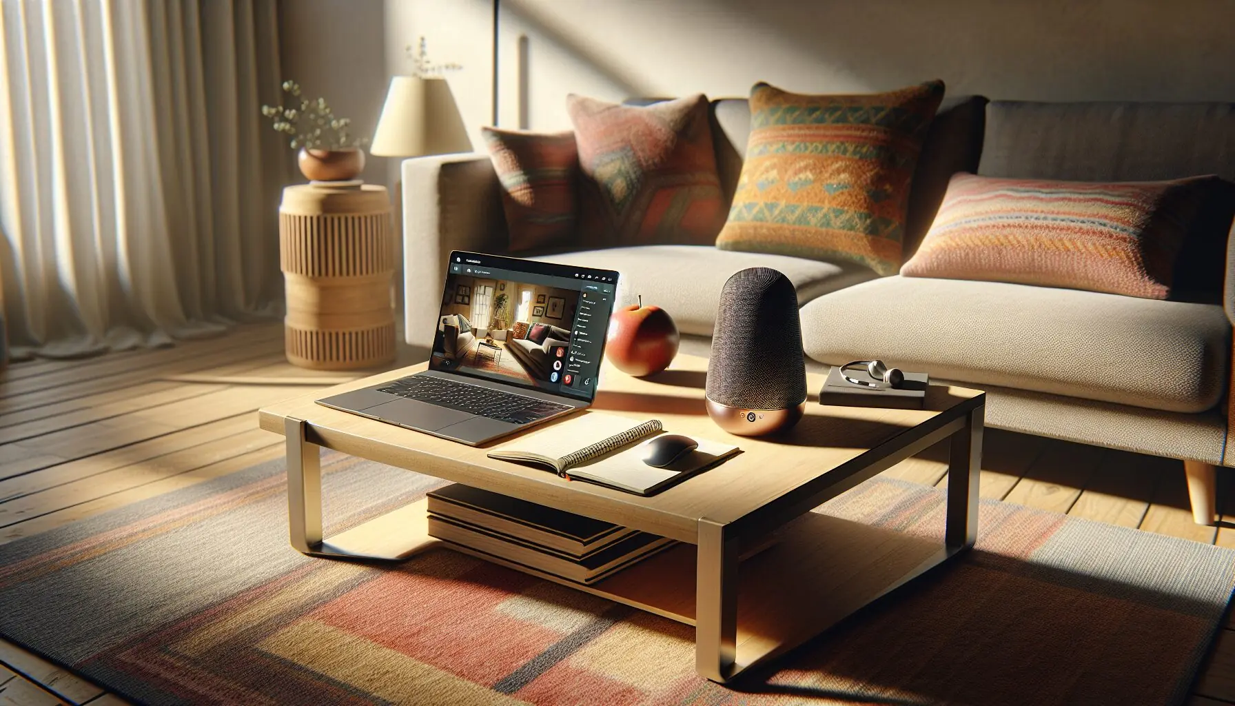 Generate an image of a cozy living room with a laptop screen showing a virtual dance call.