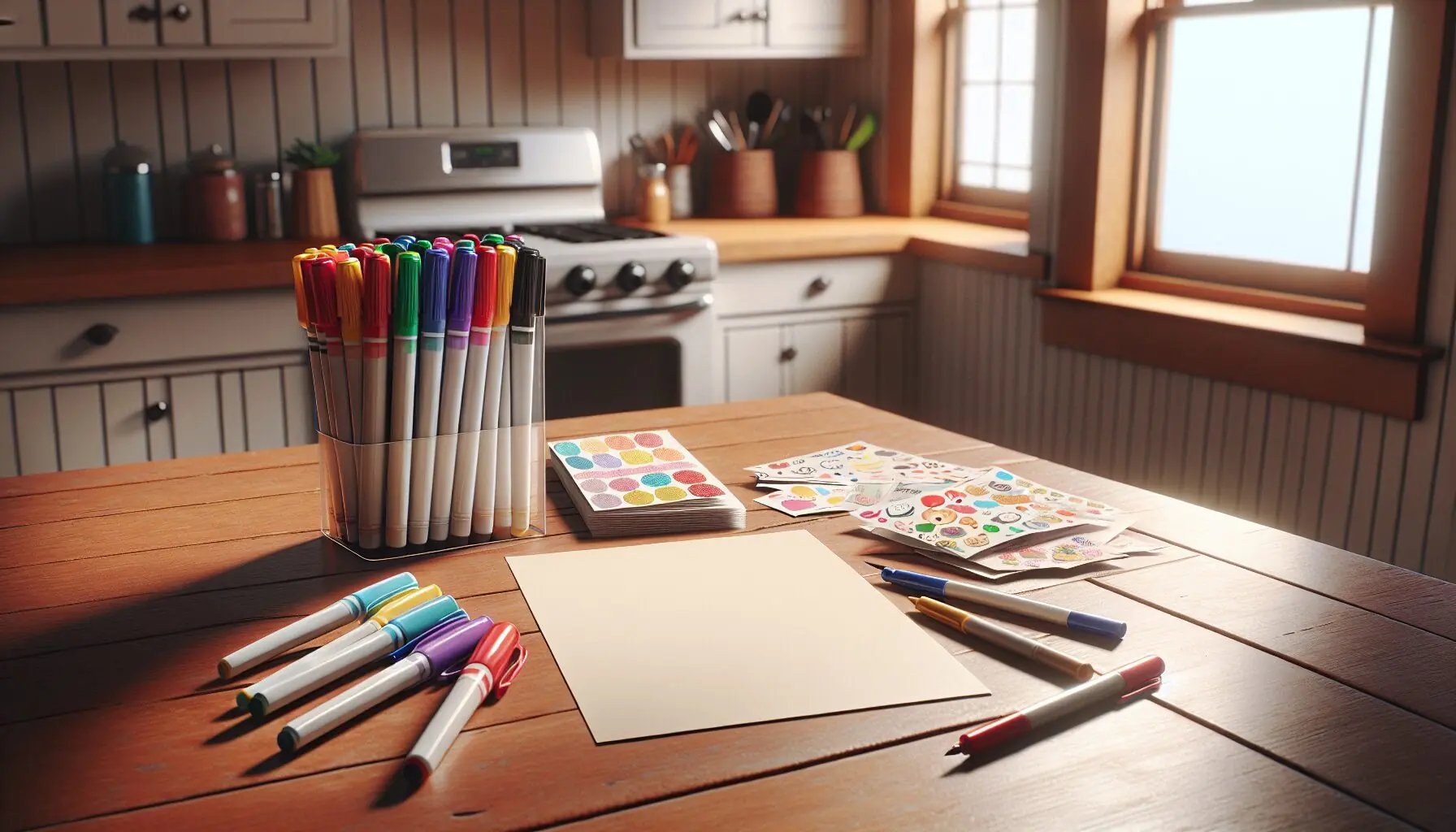 Generate an image of a colorful set of markers, cardstock, and fun stickers laid out on a table.