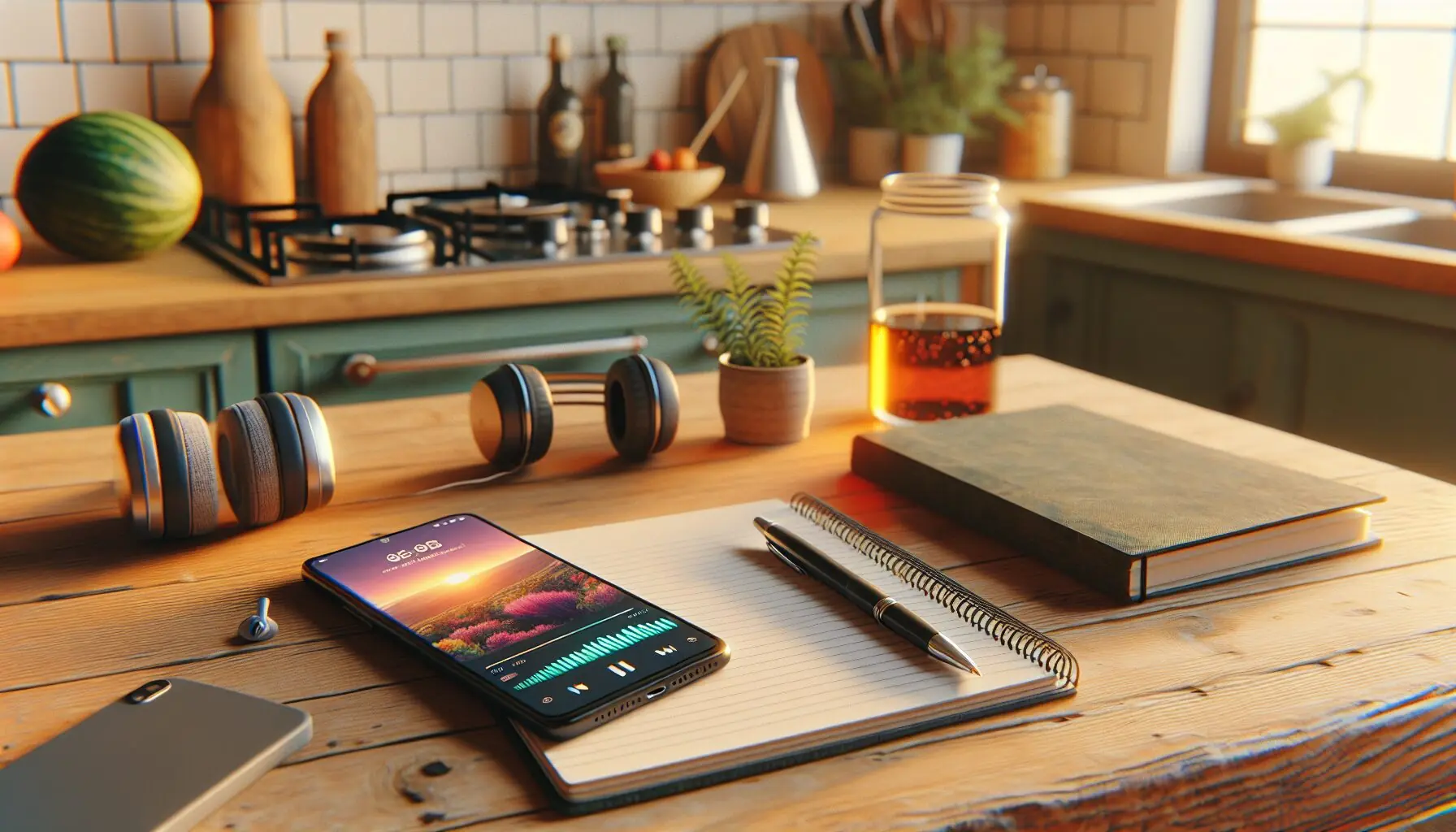 Generate an image of a notebook and pen alongside a smartphone showing an outdoor scene playing some upbeat music.
