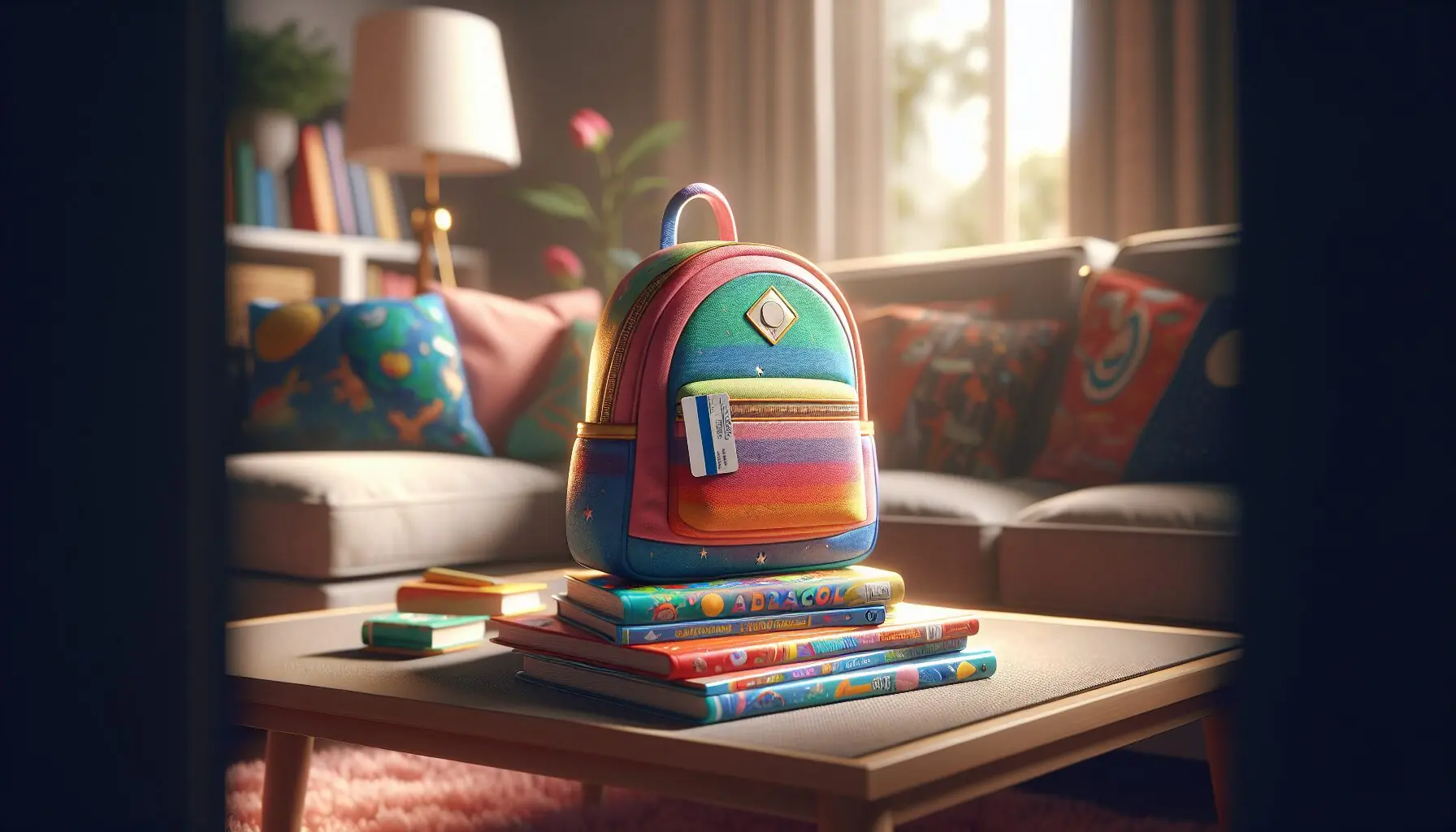 Generate an image of a child’s backpack with a library card poking out and two or three brightly colored books.